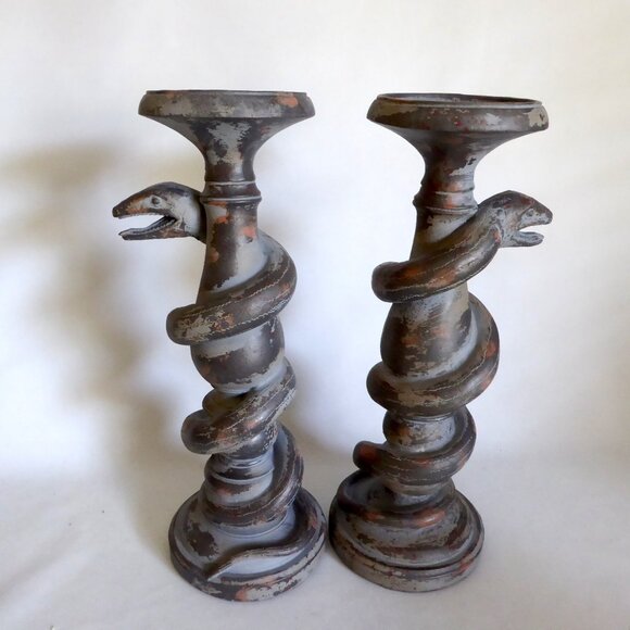 13.75” HOLIDAY BARN GOTHIC HALLOWEEN SERPENT COILED SNAKE CANDLE STICK HOLDERS - Picture 7 of 13